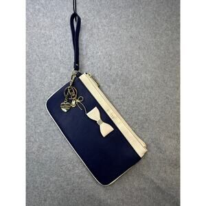 GUESS Navy White Bow Wristlet Wallet Clutch Nautical with Gold tone Charms